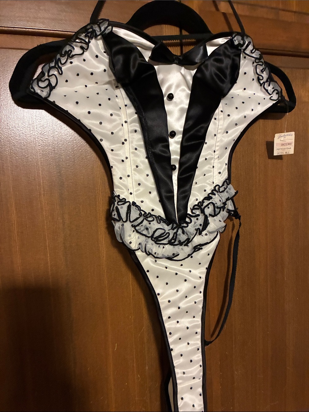 Frederick's of Hollywood Black and White Polka Dot Satin Bodysuit